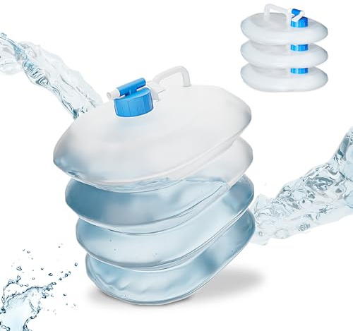 Relaxdays faltbarer Wasserkanister, 4er Set, 5 l, Faltkanister mit Zapfhahn & Tragegriff, BPA-frei, transparent/blau