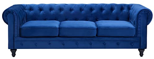 Beliani 3-Sitzer Sofa Samt blau Dicke Sitzkissen Armlehnen Knopfheftung Chesterfield