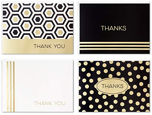 Hallmark - Biglietti di ringraziamento assortiti con motivo geometrico nero e oro (40 biglietti di ringraziamento con buste per matrimoni, affari, laurea, tutte le occasioni)