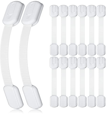 4our Kiddies 14 Pack Baby Proof Cabinet Latches, Childproof Drawer Latches with 12 Extra 3M Adhesives, Adjustable No Drilling Child Safety Cabinet Locks Straps Baby Drawer Locks for Kids Baby Safety