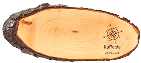 MASTERLASER3.0 Planche à découper en bois personnalisée avec écorce ovale La pièce maîtresse mesure 45x17 cm Personnalisable avec Nom, Initiales, Date. Meilleure idée de cadeau (NOM)