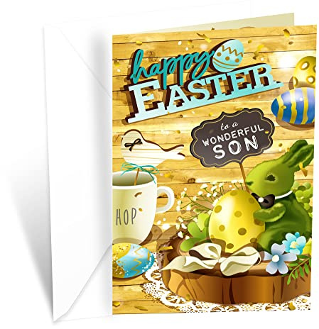 Prime Greetings Son Easter Card, Made in America, Eco-Friendly, Thick Card Stock with Premium Envelope 5in x 7.75in, Packaged in Protective Mailer