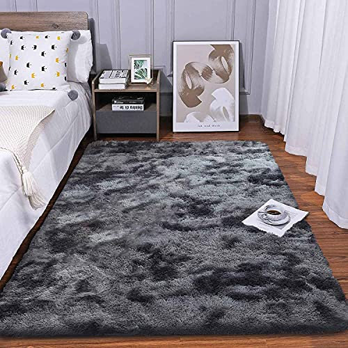 Tinyboy-hbq Area Rugs Fluffy Bedroom Carpet Soft Floor Mat Anti-Slip Living Room Rugs Shaggy Plush Carpets for Living Room Home Decor (Black grey, 80 * 120cm)