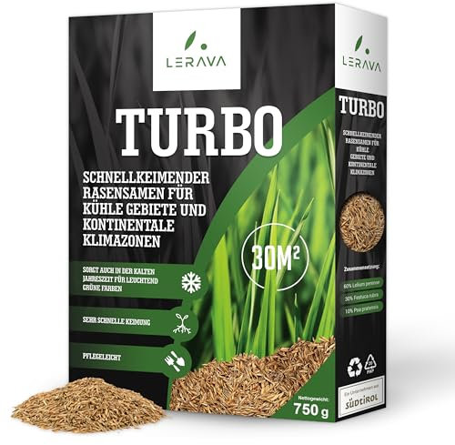 LERAVA TURBO Rasensamen schnellkeimend - für kühle Gebiete - Schattenrasen - leuchtend grüne Farben, resistenter Grassamen schnellkeimend - Nachsaat - 30m²