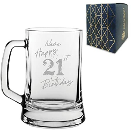 Personalised Engraved Tankard Beer Mug Stein Happy 21st Birthday Speckled Design Gift Boxed, 16.75oz/495ml Classic Beer Glass, Any Name, Engraved in The UK