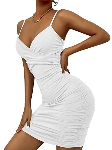 AIEOE Bodycon Bretelles Robe Sexy Femme avec Col en V et Dos Nu Élégant Court Taille XS Blanc