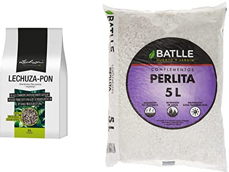 LECHUZA PON 3 litros + Semillas Batlle - Sustrato Perlita 5 L, Color Blanco y Turquesa