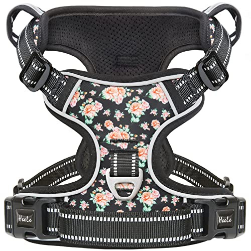 HEELE Harnais Chien, Harnais Chien Anti Traction, Réfléchissant, avec Poignée Rembourrée Contrôl, 2 Anneaux Métal, Harnais pour Petit Moyen et Grand Chien, Fleur-Noir, M