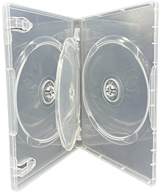 5 x 3 Disc CD DVD Blu Ray Disc Clear Cases for Holding 3 Discs. 14 mm Spine Cases With Outer Sleeve For Inlay Artwork. Replacement Cases Same Used By Major Film Studios.