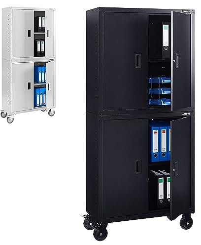 Arebos Aktenschrank Büroschrank | Schwarz | 195 x 40 x 90 cm | 2er Set | 4 Türen | mit Räder | 2 höhenverstellbare Einlegeböden | mit Zylinderschloss