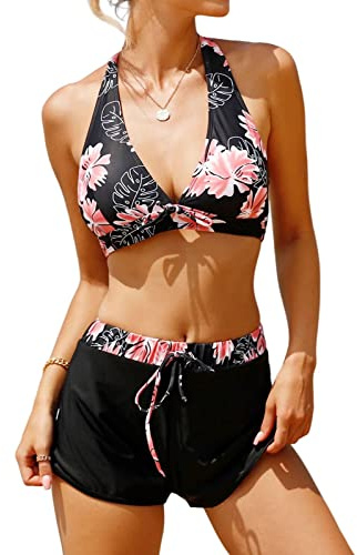 RITOSTA Bikini Sets Push Up for Women Tankini Sets with Swim Shorts Halter Neck Swimsuit Swimming Costume 2 Piece Padded Swimwear Plus Size (Black+Print,M)