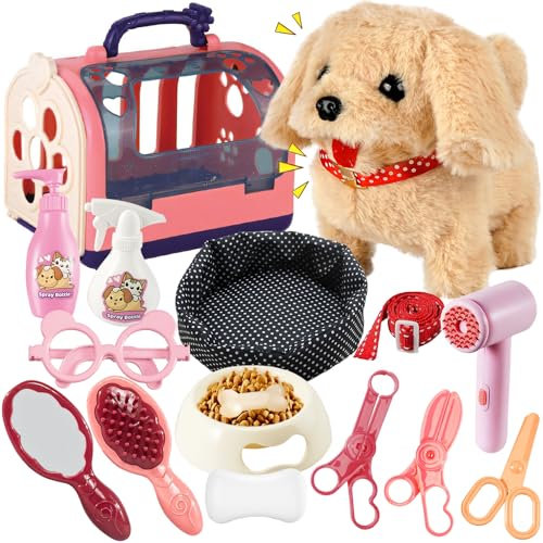 STAY GENT Interactif Chien pour Enfant, 16Pcs Jouets de Toilettage Malette Docteur avec Cage & Électrique Peluche Chien en Laisse Marche Aboie, Jouets de Rôle Cadeaux pour Filles 3 4 5 6 7 8 Ans