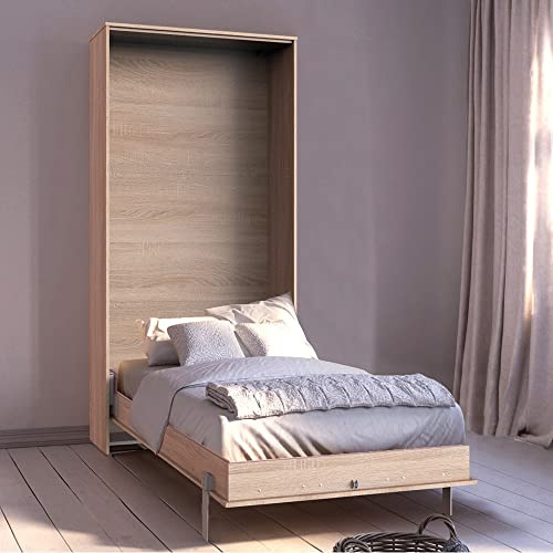 Lomadox Schrankbett 90x200 cm Eiche mit Lattenrost Jugendbett Gästebett Klappbett Raumsparbett Wandklappbett