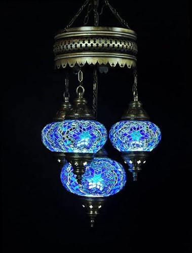 Lampada a sospensione - blu - vetro - mosaico - lampada turca - lampada orientale - lampadario - 4 lampadine