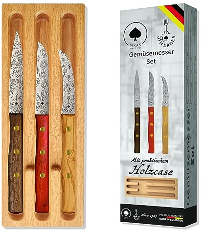 Gemüsemesser Set Premium aus Solingen, Extrascharf, Rostfrei, 3 Gemüsemesser: Mittelspitz, Gerade, Gebogene Klinge – Für Gemüse, Obst, Holzgriff, Deutschland