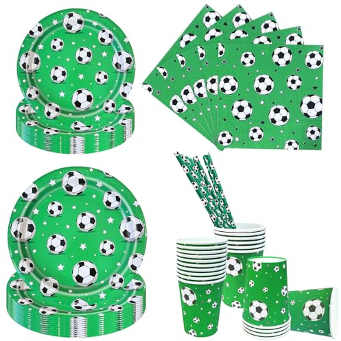 Aitsite 100 Stück Fußball Partygeschirr Set für 20 Gäste, Grün Fussball Partyteller Party Deko Geschirr, WM 2026 Fussball Pappteller Pappbecher Servietten Strohhalme, Fussball Deko Geburtstag Kinder