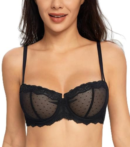 Lemorosy Women's Balconette Push Up Bra Unlined Non-Padded Half Cup Lace Sheer Underwire(Black 34D)