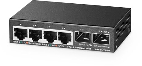 Binardat Commutateur de Gestion de réseau 4 Ports 2.5G avec Slot SFP+ 2x10g, Ultra-Compact, Support Trunk / lacp / VLAN / QoS, Commutateur réseau multigigabit de Bureau / Mural en métal
