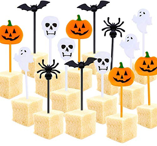 Namalu 100 Piezas Halloween Cupcake Toppers Kunststoff Halloween Picks Kürbis Fledermaus Schädel Geister Frucht Picks Cocktail Picks Tortendeko Zahnstocher für Spieße Snacks Geburtstag Partyartikel