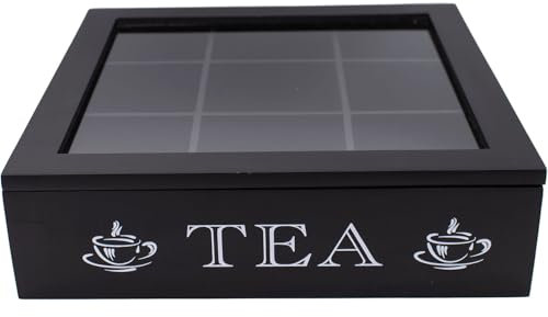 Maison Des Cadeaux Black 9 Compartment Vintage Tea Storage Box, Teabag Organizer, Modern Countertop Kitchen Accessory Decor