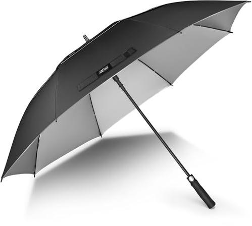 NINEMAX Golfschirm mit UV Schutz XXL, UV Großer Regenschirm Sturmfest, Große Golf Sonnenschirm für Herren Damen 2 Personen (Schwarz/Silber)