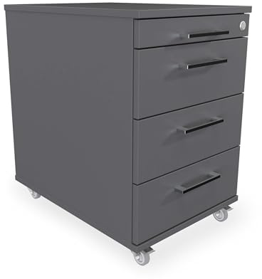 Eigentlich Rollcontainer Rollschrank, 43x60x65cm, Anthrazit | Büroschrank Schreibtischunterschrank mit 3 Schubladen und Materialauszug, rollbar, abschließbar, hauseigene Fertigung