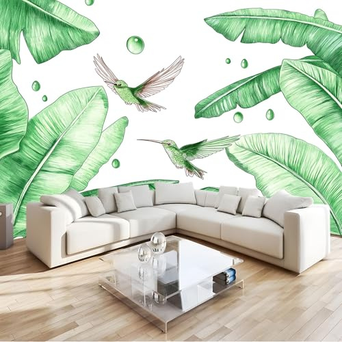 3D Papier Peint Aquarelle Feuilles De Bananier Colibri Papier Peint Panoramique Mural 200x140 cm Affiche Géante Décoration Pour Salon Chambre Chambre D'Enfant Décoration Murale