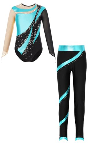 iEFiEL Mädchen Langarm Turnanzug Glitzer Gymnastikanzug Metallic Body Leotard Tanzbody und Leggings Eiskunstlaufanzug Blau Grün 146-152