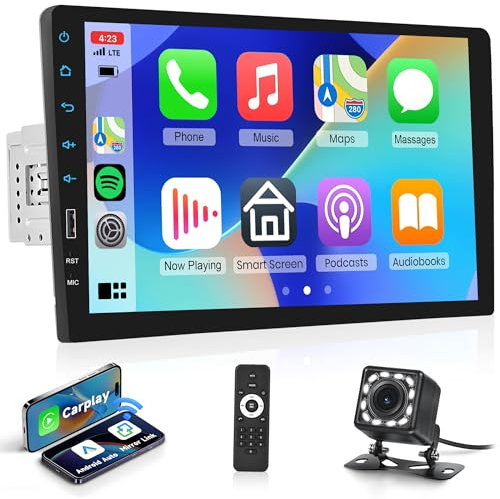 Rimoody Wireless Carplay Autoradio 1 Din con Android Auto 9 Pollici Touchscreen Autoradio con Mirror Link FM Radio Bluetooth USB/AUX/Tipo C/DVR Comandi al Volante 12LED Telecamera Posteriore Microfono