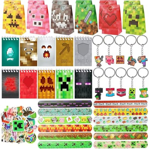 HYZMSZA 94 Stück Jeu Vidéo Fête Anniversaire Cadeau, Cadeaux Fête Enfants Jeux, Cadeaux d'anniversaire pour enfants avec Porte Clés Sacs de Bracelet Claque Carnet Stickers pour Party Faveurs