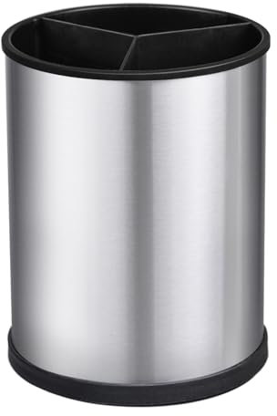 Utensil Holder - 3 Compartment Round Rotating Utensil Crocks for Kitchen Utensil Storage & Organization, 18.5 x 14 cm Stainless Steel Metal Caddy Kitchen Accessories