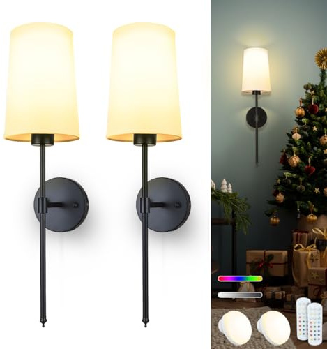 Daoteper Battery Operated Wall Sconces Set of 2, 15 RGB Color Dimmable Rechargeable LED Bulbs Wall Lights with Remote, Black Wireless Battery Powered Wall Decor for Living Room Bedroom Party Hallway