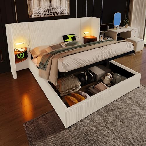 Merax Polsterbett 180x200cm mit Nachttisch, Hydraulisch Doppelbett mit Leselampe & Ladefunktion, Bettanlage Stauraumbett mit verbreitertes Kopfteil & Lattenrost, Cordstoff, Ohne Matratze, Beige-Weiß