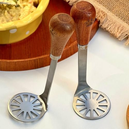 Lot de 2 mini presse-purée à avocat avec poignée antidérapante en bois en acier inoxydable pour haricots et pommes de terre - Outil de cuisine léger pour légumes, citrouille, œufs, haricots, avocats