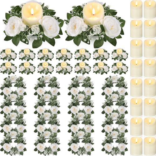 Yunlly 16 Set Rose Candle Rings Wreaths 3 Inch Center with Flameless LED Candles Artificial Rose Light Garland Fake Electric Votive Tealights Bulk Funeral Wedding Table Centerpieces Decor(White)