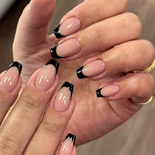 KQueenest Soft Gel Press On Nails French Tip - 30 Stück Schwarz Nägel zum Aufkleben Mandel Sarg, Natürlich Fake Nails Künstliche Fingernägel zum aufkleben, Acryl Ballerina French Nägel für Frauen