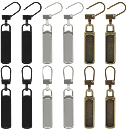 JEYORZY 12Pcs Cremallera de Repuesto Tirador, Tirador de Cremallera de Metal, Lengüetas de Tirador Cremallera Desmontables, para Ropa Chaqueta Jeans Equipaje Monedero Bolso(Negro, Plata, Cobre)