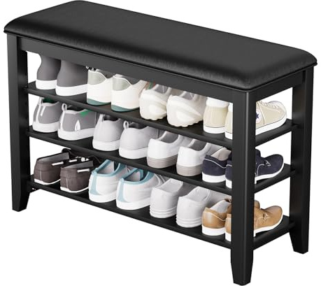Taitiy Shoe Bench with 3 Tier Adjustable Shelves Rubberwood Entryway 31.5'' | Shoe Storage Bench with Cushion, Solid Wood, for Hallway, Bedroom and Closet, Space Saving Storage