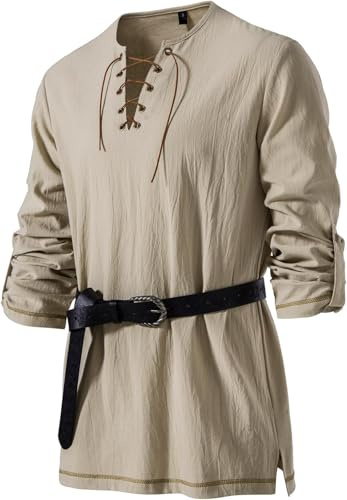 Camisas Pirata para Hombre Camisa Medieval con Cordones de Manga Larga | Camisa Escocesa Ghillie Traje de Pirata Vikingo Renacentista sin Cinturón