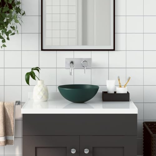 Lavabo da Appoggio Tondo in Ceramica, Design Moderno Senza Troppo Pieno, Verde Scuro Opaco per Bagno o Cucina, Diametro 280 mm