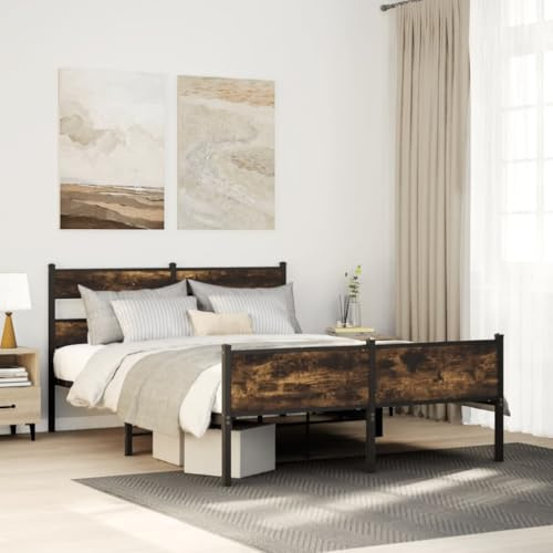 HaoChrymec Bettgestell aus Stahl mit Lattenrost und Kopfteil, Stabil und Langlebig, polsterbett, doppelbett, Für Schlafzimmer, Räuchereiche, 140x200 cm