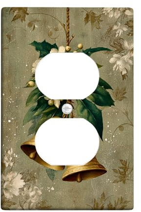 Bells Duplex Outlet Covers Placca da parete, motivo natalizio vintage con foglie di agrifoglio di Natale, in plastica dorata, dimensioni standard, decorative, per soggiorno, camera da letto, casa
