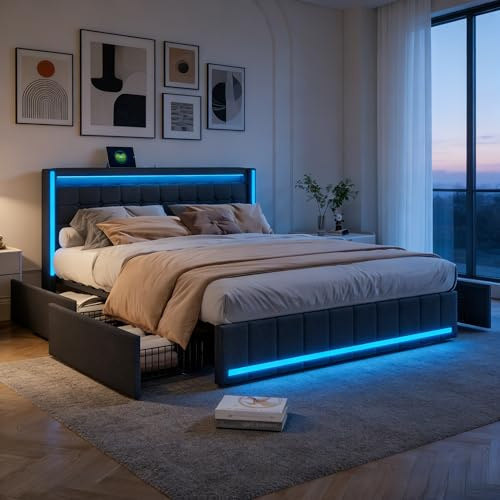 HYNHXBP Letto 180x200 con 4 cassetti, Letto Contenitore con Illuminazione a LED e Porte USB, Letto Matrimoniale Imbottito con Base a doghe e Pratico Contenitore, Lino,Gris
