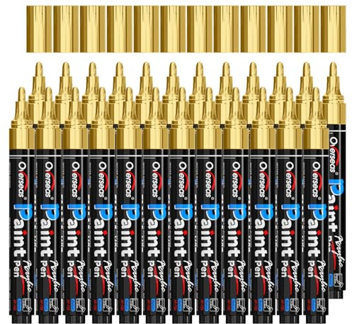 Overseas Metallic Gold Acrylic Paint Markers Pens Set - 24 Pack Acrylic Permanent Markers, Water-Based, Quick Drying, Waterproof, Medium Tip Paint Pens for Rock, Wood, Plastic, Metal, Canvas, Glass