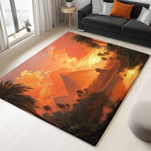 Yellow Rugs Living Room - Beauty Plants Pyramids Printed Rugs for Bedroom 160 x 230 cm, Super Soft Fantasy Kitchen Rug Non Shedding Short Pile Carpet Easy Care for Hallway Office
