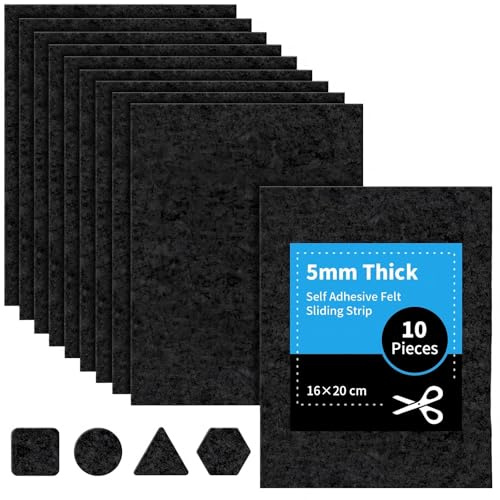 Filzgleiter Selbstklebend, 10 Stück 16 x 20cm - 5mm, Filzgleiter für Stühle, Filzmatten zum Zuschneiden, Filz Selbstklebend, Hochwertigem Nadelfilz für Möbelgleiter Stuhlgleiter (Schwarz)