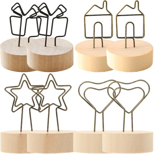 MAGICLULU Lot de 8 Porte-mémos en Bois Naturel Pinces Métalliques, Décorations de Table Rustiques pour Mariage et Bureau, Supports Multifonctions pour Photos, Notes et Numéros de Table,
