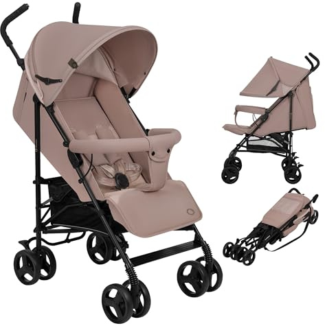 LIONELO Elia Lätt Barnvagn (6 mån–3 år upp till 15 kg), Hopfällbar och Resevänlig – Endast 7 kg, EVA-hjul med Fjädring, 4-positions Liggläge & Justerbart Fotstöd, XXL Sufflett med Myggnät, Beige