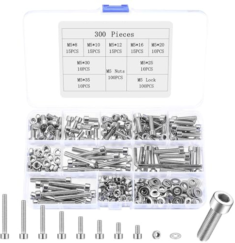 300 Stk M5 Schrauben Set, Edelstahl Sechskantschrauben Muttern Set, Zylinderschrauben mit Innensechskant Schrauben mit Muttern und Unterlegscheiben Sets, Zylinderkopf Maschinenschrauben Sortiment