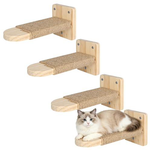 Katzentreppe Wand 4pcs, Kletterwand Katzen,Wandliege Kletterwand Katzen mit Juteseil zum Kratzen, für Katze Klettern Spielen Massives Gummiholz, Maximale Tragfähigkeit 35kg